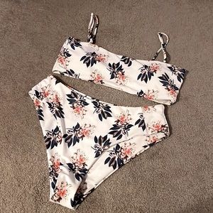 Zaful 2 piece white floral high rise bikini with bandeau style top Size 8